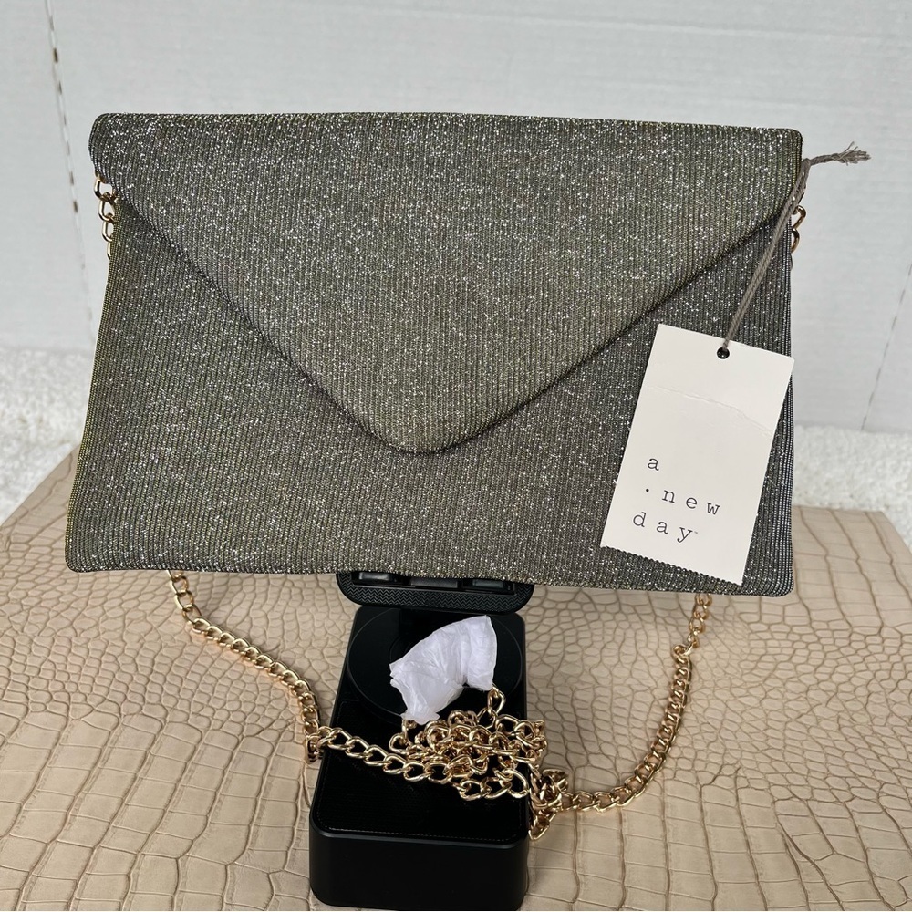 A New Day Women's Grayish Silver Glitter Clutch Bag with Gold Color Chain Strap